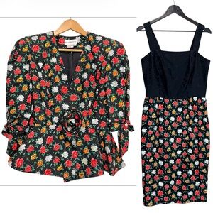 Vintage Raul Blanco 100% Silk 2 Piece Jacket Dress Set - Exaggerated - Floral